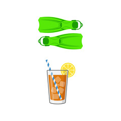 Green Swimming Flippers and a Refreshing Cold Beverage with Lemon Slice Icons © Paliyem