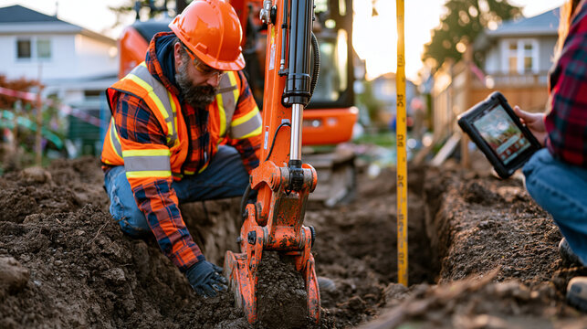 Compact hydraulic excavator operator swings bucket into undisturbed clay subsoil at suburban infill foundation dig, spotter guiding depth gauge rod beside open trench while geotechnical engineer rec