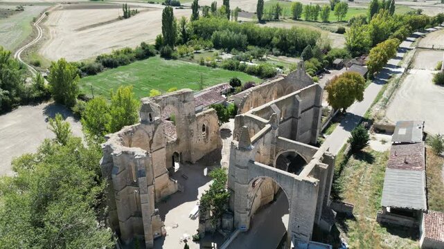 An Aerial view of San Anton ruins surrounded by fields on Camino de Santiago in Spain