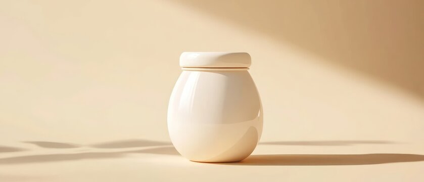 Off white jar with lid on beige background simple product mockup