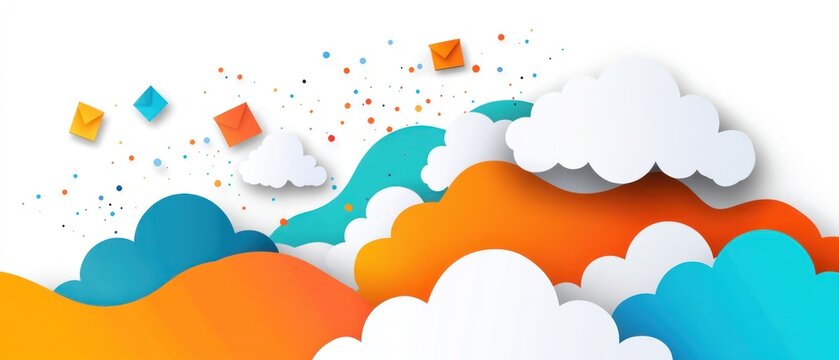 Colorful paper clouds and flying envelopes abstract design
