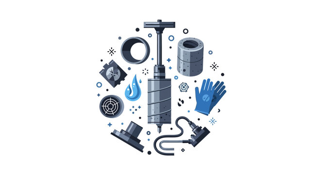 Professional Industrial Construction and Plumbing Maintenance Tool Kit Flat Vector Illustration with Jackhammer, Safety Gloves, and Pipe Equipment