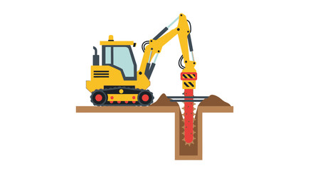 Obraz premium Yellow Trencher Excavator Illustration: Specialized Heavy Machinery Digging a Deep Narrow Trench for Underground Utilities and Cable Laying