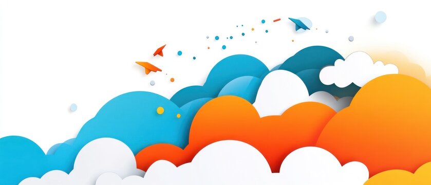 Paper airplanes flying over colorful cloudscape playful vector illustration
