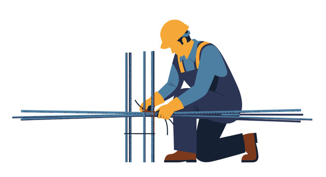Construction worker installing steel rebar for concrete reinforcement, builder in hard hat working with metal bars, flat vector illustration isolated on white background.