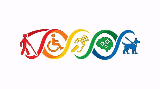Inclusive design symbol featuring icons representing blindness, wheelchair user, hearing impairment, mental health and guide dog. Concept of diversity, accessibility and social equality