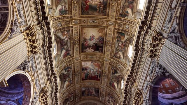 Aesthetic cinematic view of the frescoed ceiling in Sant'Andrea della Valle Rome