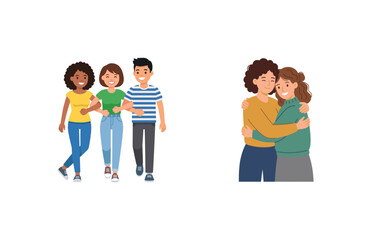 Obraz premium Diverse Group of Friends Walking Together and Two Women Embracing in Friendly Support