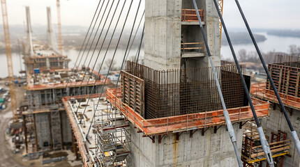 Naklejka premium High angle view of a concrete bridge pylon under construction with exposed rebar. Scaffolding and formwork on a suspension bridge tower. Civil engineering infrastructure project
