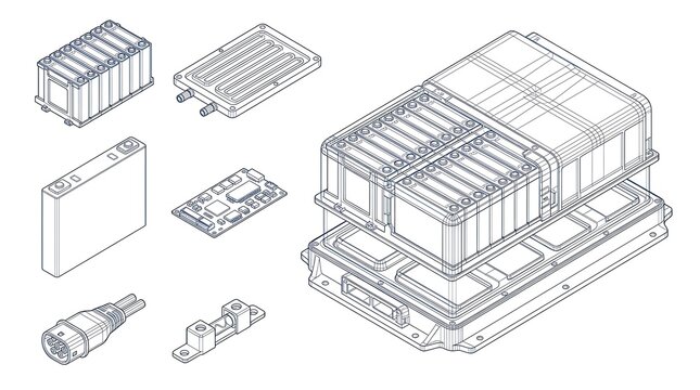 Electric vehicle battery pack components and assembly diagrams in technical isometric line art style
