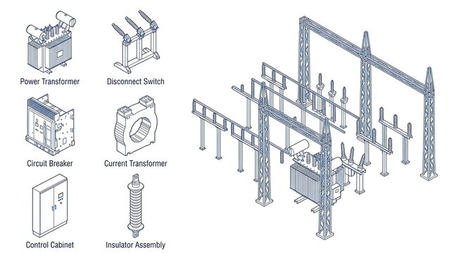 Isometric electrical substation components set with transformer and circuit breaker technical illustrations