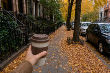 Naklejka premium Hand holding reusable coffee cup while walking on a city sidewalk covered with autumn leaves