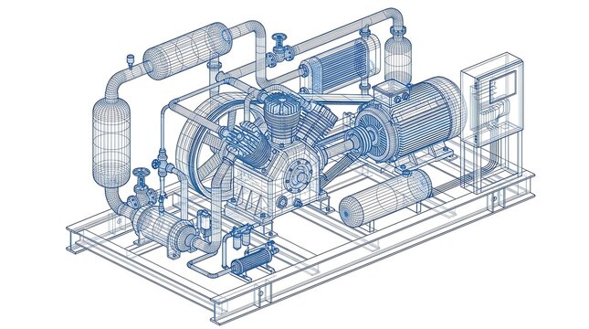 Industrial air compressor wireframe technical illustration showing mechanical engine components