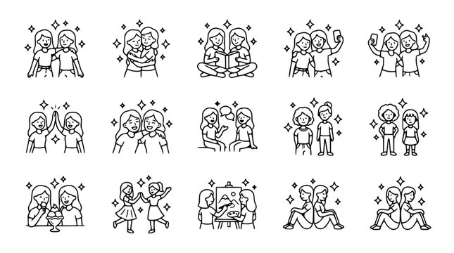 Diverse Friendship Moments: Doodle Icons of Joyful Female Companionship and Connection