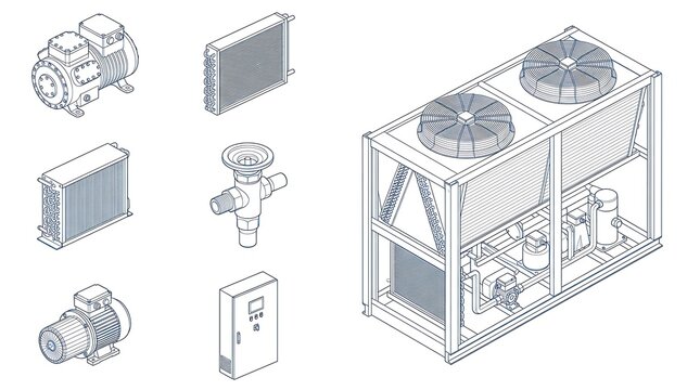 Isometric industrial hvac chiller components and cooling system equipment set in technical line art style