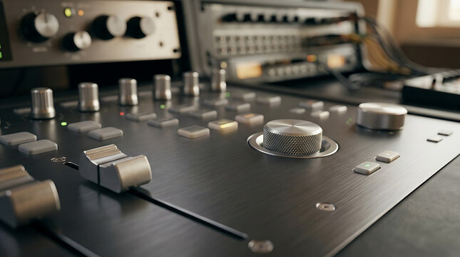 Close up of an audio mixing console in a recording studio. Professional sound engineering equipment with knobs and faders