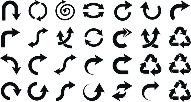 Black arrow graphic design vector icon set featuring curved pointers rotation cycles recycle symbols direction markers and web navigation elements
