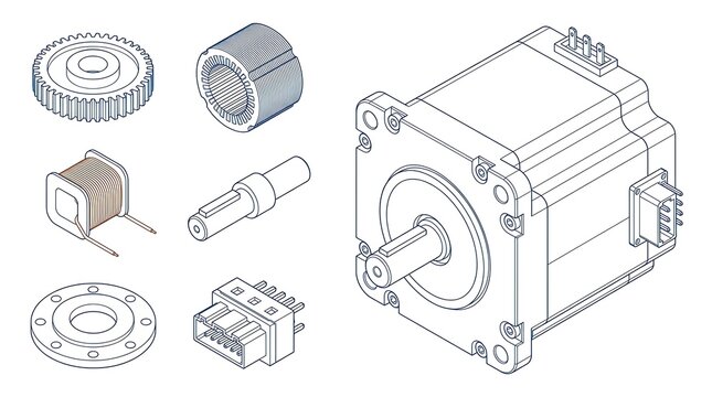 Technical isometric breakdown of electric motor parts