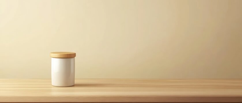 White cylinder container with wooden lid on wooden table