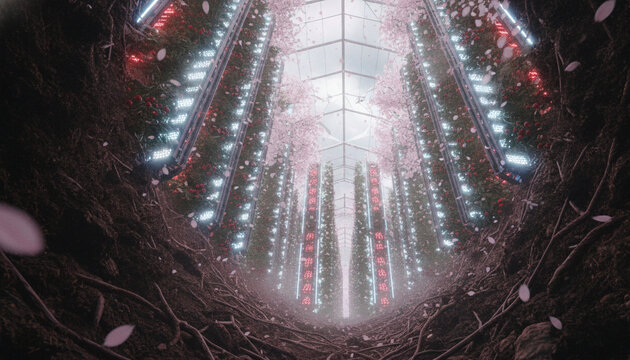 Future vertical farming, cherry blossoms, roots, LED lights, innovative and sustainable agricultural technology/ 未来の垂直農法と桜、根、LEDライトが融合した革新的な空間 