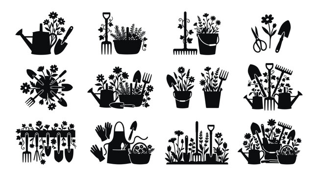 Gardening Tool and Equipment Silhouette Icon Collection, Isolated Shovel Rake Apron and Trowel with Floral Arrangement Vector Elements