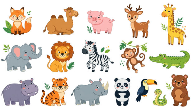 Cute Safari and Jungle Animals Vector Set &ndash; Cartoon Flat Animal Characters Collection