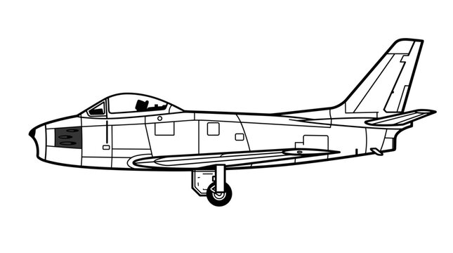 F86 Sabre Jet Fighter Aircraft Line Drawing.