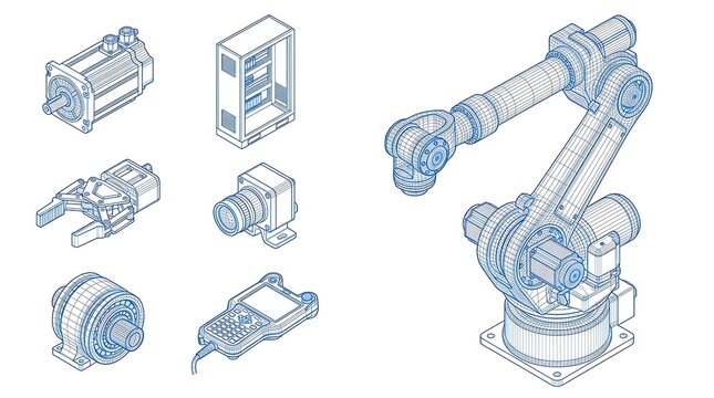 Industrial robotic arm and automation hardware components isometric blue wireframe technical set