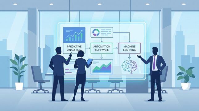 Business analytics team examines data with predictive analytics, machine learning, and automation on screen to formulate future strategies for corporate success