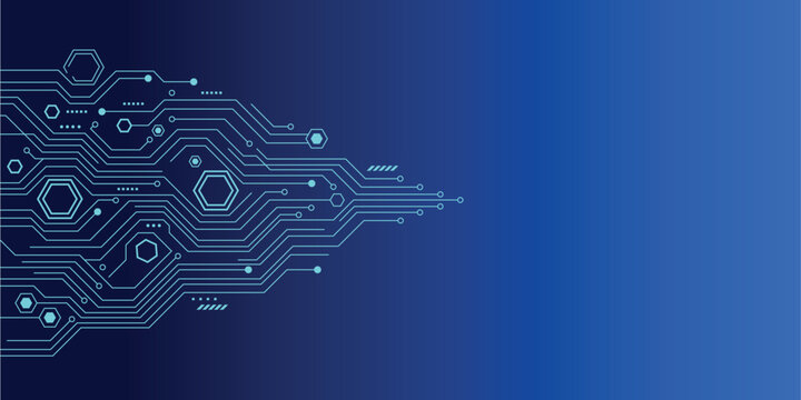 Abstract technology background with digital circuit board pattern and blue gradient