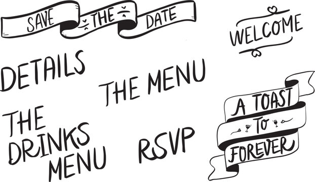 Wedding lettering invitation elements vector set with save the date and rsvp text