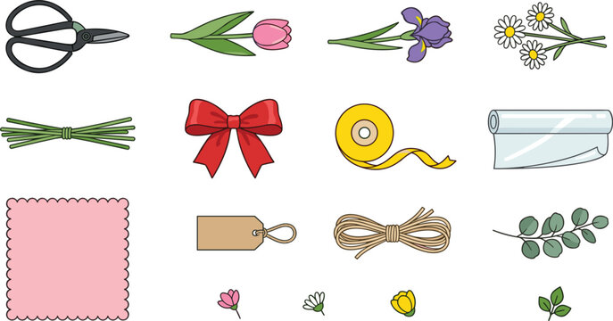 Florist Workshop and Flower Wrapping Tools Vector Set Featuring Scissors, Ribbons, Paper Rolls, Gift Tags, Twine, Tulip, Iris, and Daisies