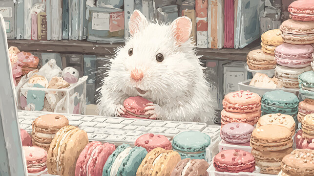 An adorable, fluffy little mouse with big glossy eyes happily nibbles on a pink macaron, surrounded by colorful cookies with a blurred, vintage European street in the background.