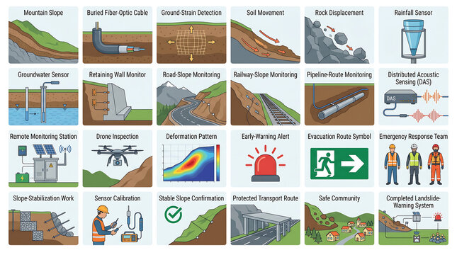 Advanced technological equipment icons for alpine safety surveillance and meteorological data collection
