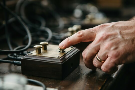 Hand Pressing Button on Antique Brass and Wood Communication Device