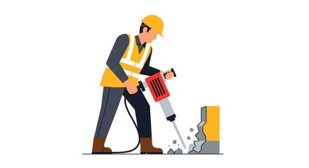 Fototapeta premium Construction worker using a jackhammer to break concrete, wearing safety gear like a hard hat and high-visibility vest. Flat vector illustration for industrial and building concepts.