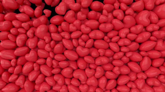 3D Red Hearts Falling and Filling Screen on Black Background, Romantic Animation for Valentine's Day, Love, Wedding, and Anniversary Concept Video