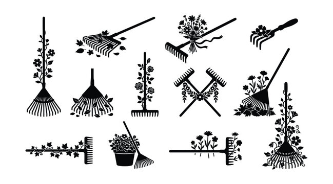 Garden Rake and Leaf Broom Silhouette Icon Collection, Isolated Yard Maintenance Tool with Climbing Floral Vine Vector Elements