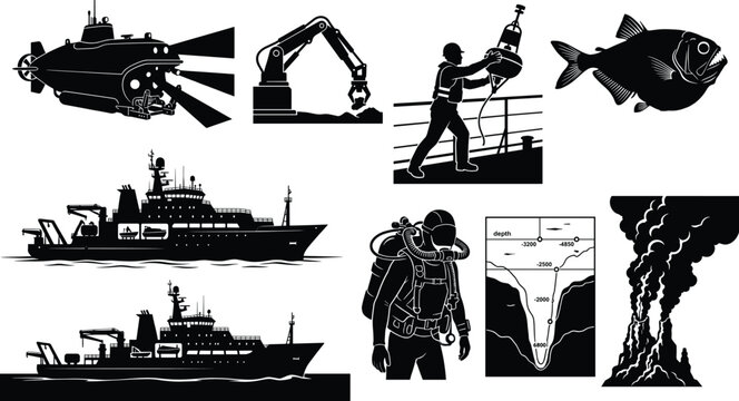 Collection of black and white deep sea exploration and marine research vector silhouettes