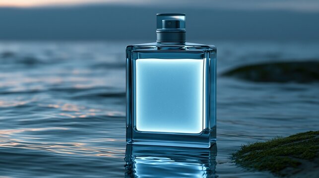 Elegant glass perfume bottle with blue liquid submerged in calm water at dusk, reflecting soft light.