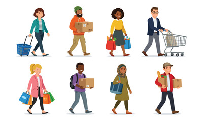 Fototapeta premium Diverse People Walking with Shopping Bags, Cart and Parcels
