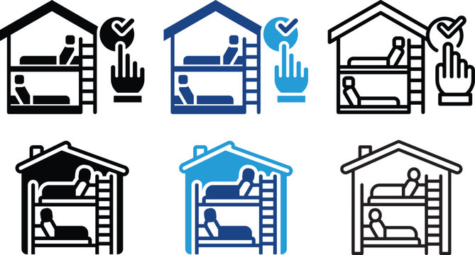 Set of hostel and bunk bed icons with checkmark and clicking hand gesture on transparent background.