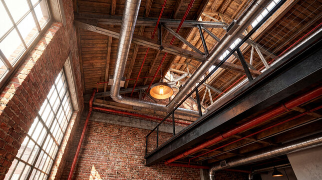 Industrial loft ceiling with exposed wooden beams metal ducts and brick wall