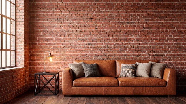 Cognac leather sofa against exposed red brick wall with vintage table lamp