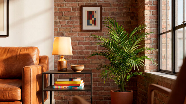 Cozy loft corner with leather sofa side table lamp and tropical palm plant