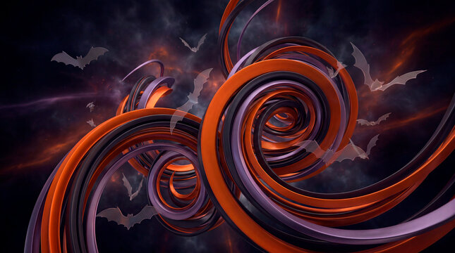 Abstract orange and purple spiral coils with flying bats on dark Halloween nebula