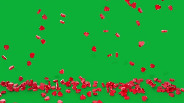 3D red hearts falling on green screen chroma key background