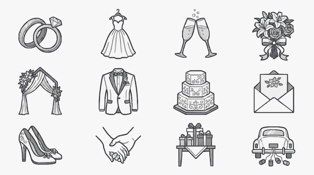 Sleek Black and White Wedding Icons Set Featuring Rings Dress Suit Cake Bouquet Champagne Shoes Handshake Gifts and Classic Car