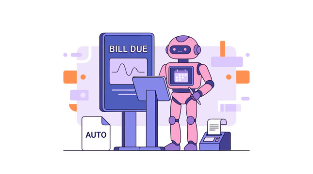 Automated bill payment system. Robot assistant managing financial tasks. Smart finance technology illustration.
