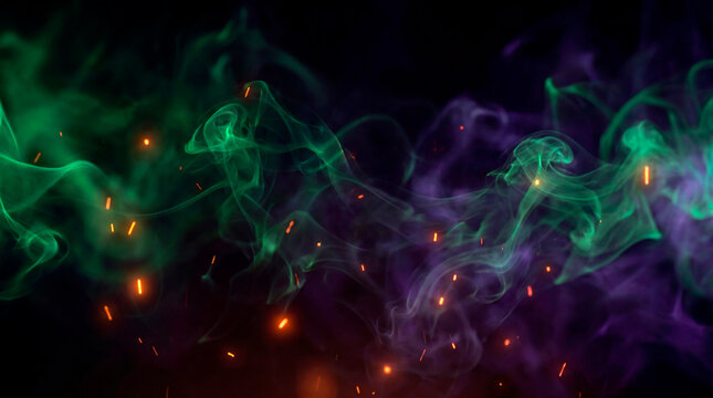 Mystic green and purple smoke with glowing embers on dark spooky Halloween background